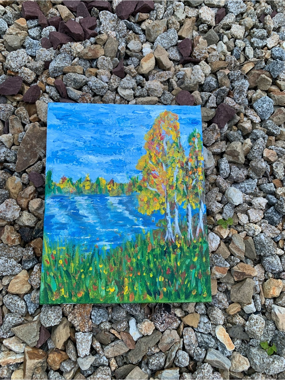 Blue Lakeside Landscape Painting with Green and Yellow Trees size 8X10 handmade